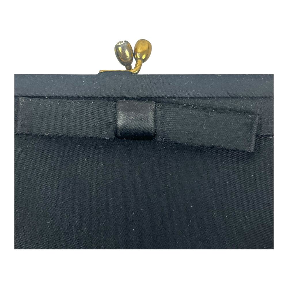 Vintage After Five Black Bag Rhinestone Kiss Lock Dainty Chain Gold Lined Bow